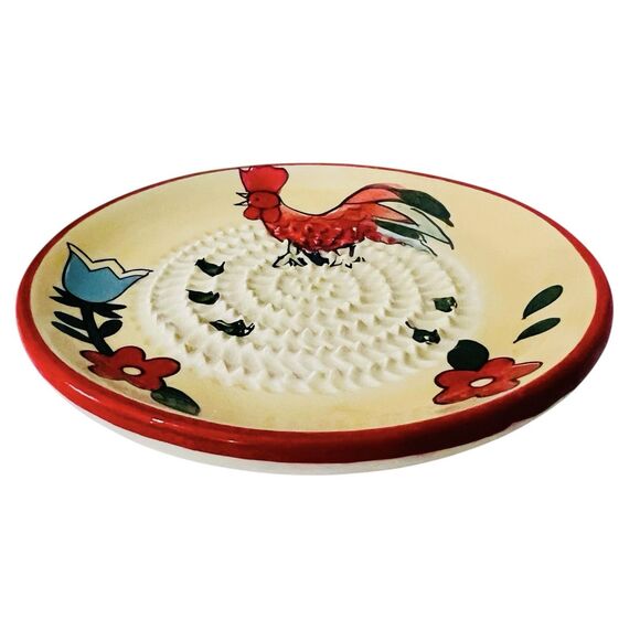 Hand-Painted Spanish Garlic Grater Plate Floral Chicken Red Yellow W/ Brush - Picture 3 of 4